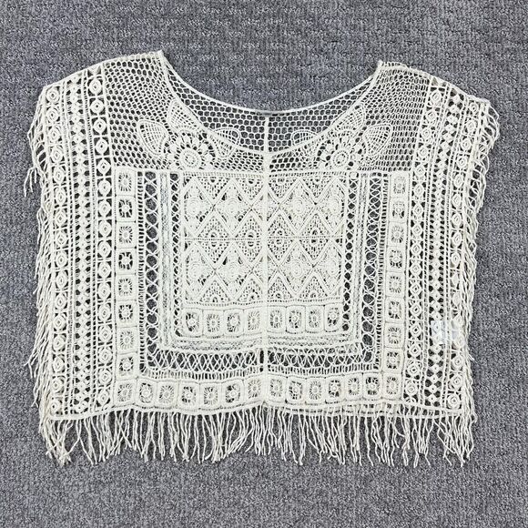 Ecote Crochet Fringe Crop Top Womens XS Ivory Boho Festival Sheer Crochet Cotton - Picture 1 of 7